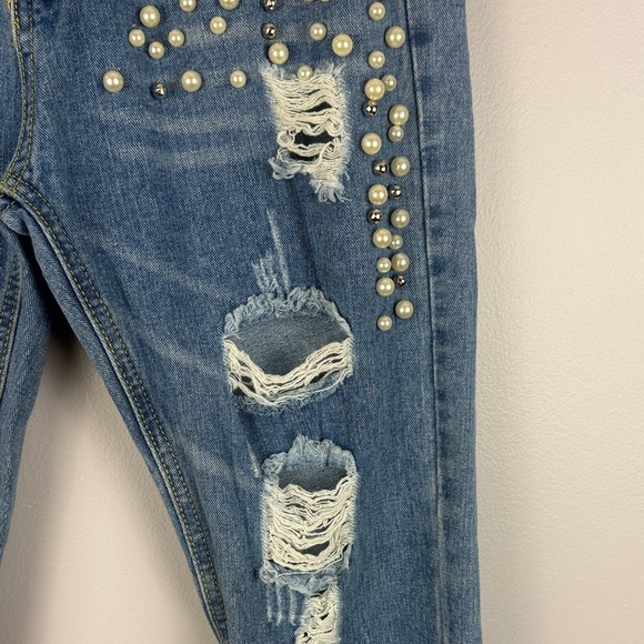 Agolde Blue Pearl Rhinestone Embellished High Rise Distressed Cropped XS Jeans - Picture 7 of 11
